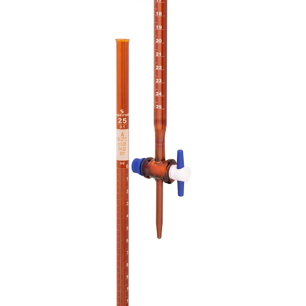 Burette Amber With Straight Bore PTFE Key Stopcock, ISO "Class A"
